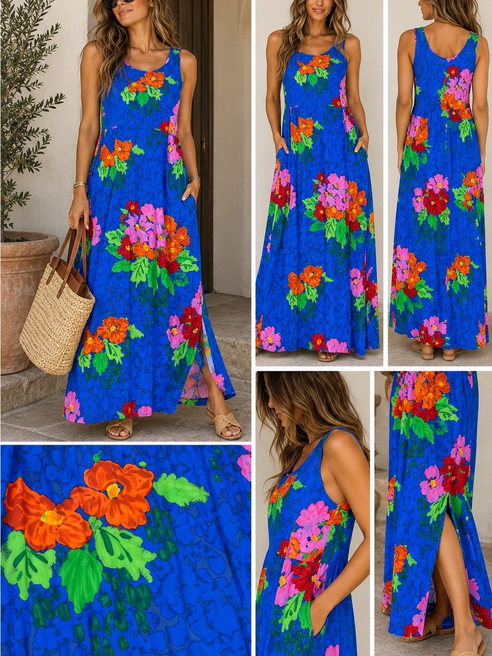 Vintage 90s Jams World W334 Bliquet Maxi Dress S Blue Floral Rayon Pockets